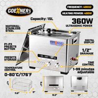 Máquina de Limpieza Ultrasónica de Gran Capacidad para Taller de Ferretería, Desengrasante, 15L, 360W, 400W, 40kHz, Válvula de Drenaje, Preajustes P1-P3, Temporizador 1-99
