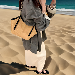 <span class=keywords><strong>Sac</strong></span> fourre-tout de luxe d'été en paille tressée pour femme, <span class=keywords><strong>sac</strong></span> à bandoulière décontracté avec chaîne, grand <span class=keywords><strong>sac</strong></span> de plage et de voyage - Product Image 2