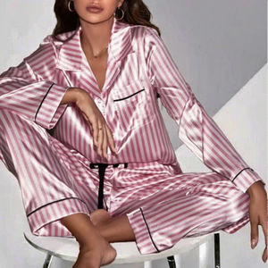 Conjuntos de Pijama de Punto Satinado a Rayas Chic con Cuello en V Suave para Mujer, Personalizados de Alta Calidad, con Estampado Floral y Cierre Elástico en la Cintura, para Primavera - Product Image 3