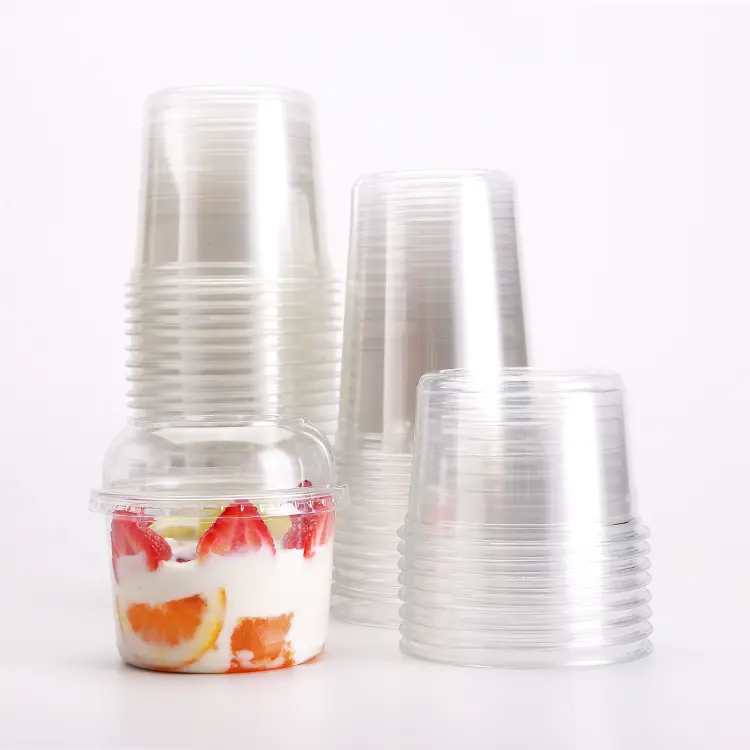 Logo Kustom Cangkir Makanan Transparan Mangkuk Plastik PET Bulat Plastik Sekali Pakai Takeaway Plastik Buah Mangkuk Salad Hewan Peliharaan
