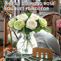Bouquet de 9 roses artificielles en soie faites à la main, arrangement floral blanc et vert pour mariage, mariée, décoration de maison et de fête - Vente en gros