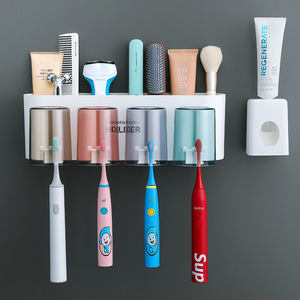 Support mural pour brosses à dents sans perçage avec distributeur de dentifrice, gobelet de rinçage et boîte de rangement pour salle de bain - Product Image 1