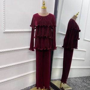 Ensemble deux pièces musulman Dubai Turc Ladies Elegant simple couleur unie délicate pressé à volants + pantalon large - Product Image 5