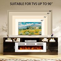 Meuble TV Kalsubo noir et blanc de 78 pouces avec cheminée, armoires de rangement, prises électriques et éclairage LED pour téléviseur de 90 pouces, salon, bureau