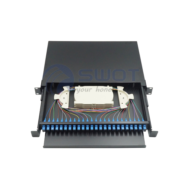 1U 19" Rack Sliding Type Termination Box 12 24 Port Fiber Optic Network Patch Panel With Splice Tray and Pigtail