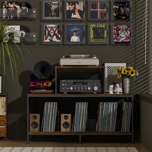 Mobiletto porta giradischi bifacciale con ripiani spaziosi e regolabili, tavolo vintage per giradischi e dischi in vinile - Product Image 5