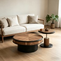 Table basse médiévale en bois massif incrusté de motifs floraux, ensemble avec base métallique haute et basse, aucun assemblage requis, unique pour salon, petite table d'appoint
