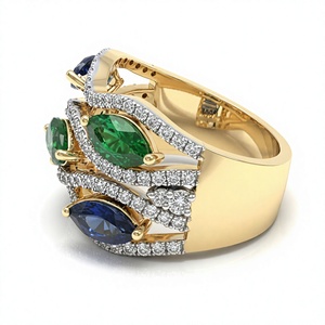 Elegant Multi Sapphire Emerald Gemstone Round Brilliant Cut Lab Grown Diamond <b>Ring</b> 18K 14K Gold Plated Wavy Band <b>Statement</b> <b>Ring</b> - Product Image 2