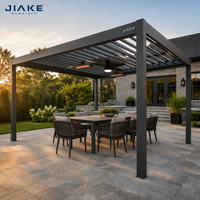 Pergola à lames orientables en aluminium avec chauffage infrarouge et ventilateur de plafond, éclairage LED pour terrasse extérieure toute saison