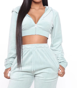 Ensemble de survêtement décontracté pour femme en coton 100% de haute qualité, avec sweat à capuche court à manches longues et fermeture éclair intégrale et pantalon de jogging, 2 pièces en molleton - Product Image 2