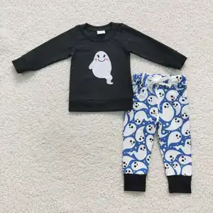 Latest design RTS toddler fall embroidery outfit boutique children ghost clothes baby boys halloween sets