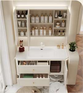 Meuble-lavabo de salle de bain en MDF laqué blanc de style européen avec armoire miroir intelligente en forme de ruche et vasque en céramique, idéal pour usage hospitalier - Product Image 1