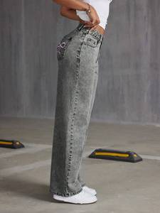 Jeans <span class=keywords><strong>de</strong></span> Lavado Oscuro para <span class=keywords><strong>Mujer</strong></span> con Bordado, Pantalones <span class=keywords><strong>de</strong></span> Cintura Alta, Pierna Recta y Ancha, Botón con Lazo, Holgados, Casuales, <span class=keywords><strong>de</strong></span> Color Sólido, Transpirables, <span class=keywords><strong>de</strong></span> Mezclilla - Product Image 6