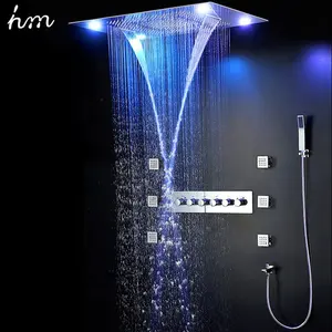 Luxury ceiling rain led shower kits 4 function multi color remote control shower panel wall body jets massage shower system