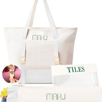 Juego de tres piezas de lona con estampado de letras, bolsa de almacenamiento de mahjong, neceser de viaje plegable de gran capacidad para maquillaje