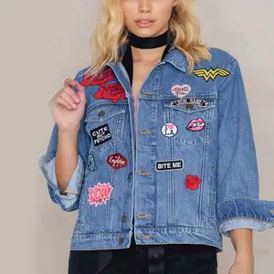 Clothing Suppliers 100% Cotton Colorful Patches Embroidery Denim Jacket Women