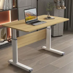 Meja komputer berdiri crank tangan kayu coklat, tiang meja kopi tinggi manual dapat diatur modern untuk belajar