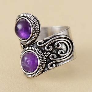 Anillos de moda ajustables Vintage para hombres y mujeres 2 piedras grandes amatista turquesa lapislázuli piedras preciosas joyería europea al por mayor - Product Image 2