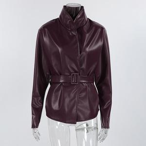 <strong>Women</strong> Fashion PU <strong>Leather</strong> Jacket Oversized <strong>Blazer</strong> Belted Funnel Neck Puff Sleeve Peplum Hem <strong>Faux</strong> <strong>Leather</strong> Coat Winter Street Style - Product Image 6