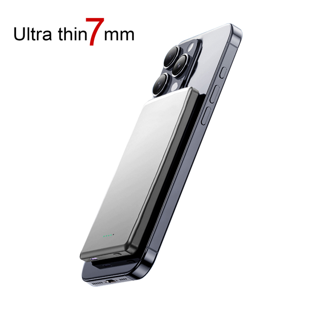 Wholesale OEM 7mm Ultra-Thin Aluminum Intelligent Magnetic Power Bank 15W Output for iPhone Portable Wireless Charger 5000mah