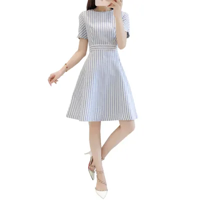 Mùa Hè 2020 Phong Cách Hàn Quốc Váy Sọc Cho Nữ Giảm Béo Giảm Béo Plus-Size Eo A-line
