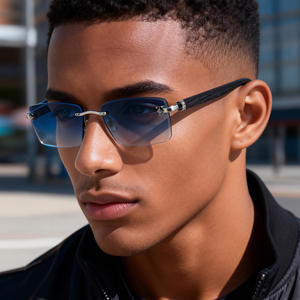 Lunettes de soleil sans monture Zx-98432 pour hommes, verres PC noirs, protection UV400, branches effet bois, design tête de léopard - Product Image 4