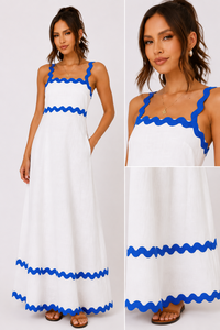 Vestido blanco sin mangas para mujer con detalle de ondas azules, vestido informal de verano, elegante vestido de playa para resort - Product Image 2