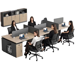 مكتب حديث من MDF لأربعة أشخاص مع مجموعة كراسي وخزانة، مكتب موظفين بتصميم لوحي مع حامل للهاتف المحمول - Product Image 5