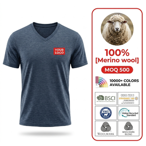 T-Shirt Premium da <span class=keywords><strong>Uomo</strong></span> 100% <span class=keywords><strong>Lana</strong></span> Merino con Scollo a V, Manica Corta, Blu Mélange, Sostenibile, Traspirante, Lussuosa, Casual, Maglietta Sportiva - Product Image 3