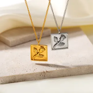 New Prosperity Female Stainless Steel Necklace With Square Rose Pendant Gold Plated Lockbone Chain Niche Design For Weddings