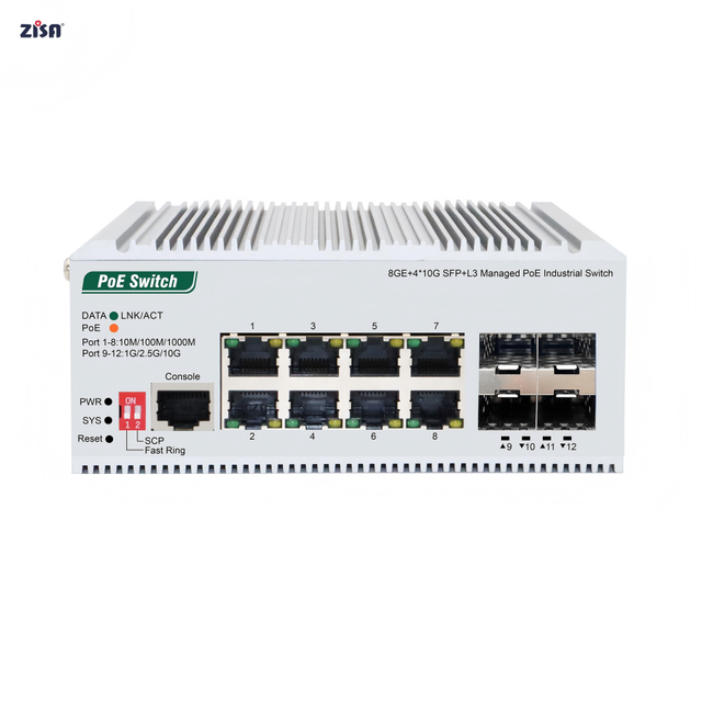New Arrival ZISA ZS3012GTMI V1 8-Port Gigabit L3 Industrial PoE Switch 4x10G SFP+ 30W 240W Fast Ring Industrial L3 PoE Switch