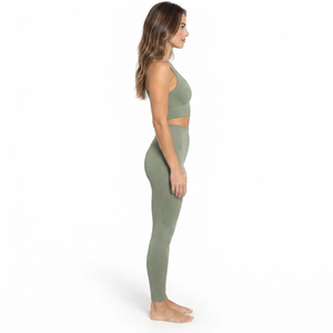 Ensemble de yoga côtelé pour femme, 2 pièces : Leggings taille haute et brassière de sport à col rond, sans couture, respirant, vert uni, tenue de sport - Product Image 2