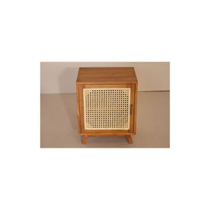 Una distintiva mesita de noche de teca y ratán que combina la calidez natural y la elegancia artesanal para un almacenamiento atemporal. - Product Image 1