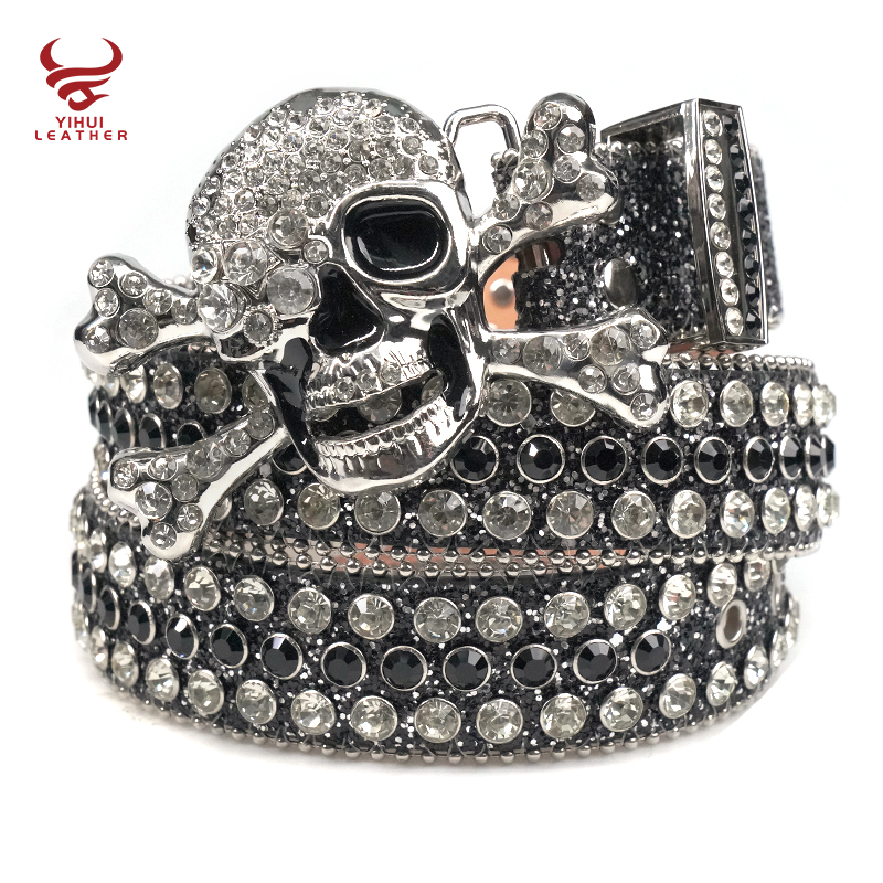 Custom luxury designer bling bling belt studded diamond skull buckles PU leather black cowboy rhinestone belt men