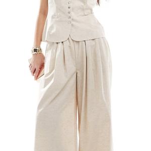 Factory Design High Quality Beach Women <b>Linen</b> Loose Pants <b>Sleeveless</b> Fitted <b>Top</b> Set Custom 100% Soft <b>Linen</b> Two Piece Set - Product Image 4