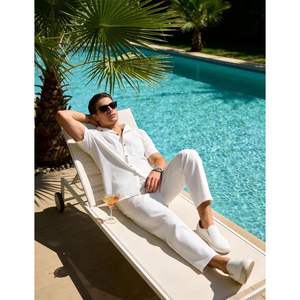 Conjunto de Lino de 2 Piezas para Hombre, Camisa con Botones y Pantalones Largos, Transpirable, Informal, para Vacaciones de Verano - Product Image 4