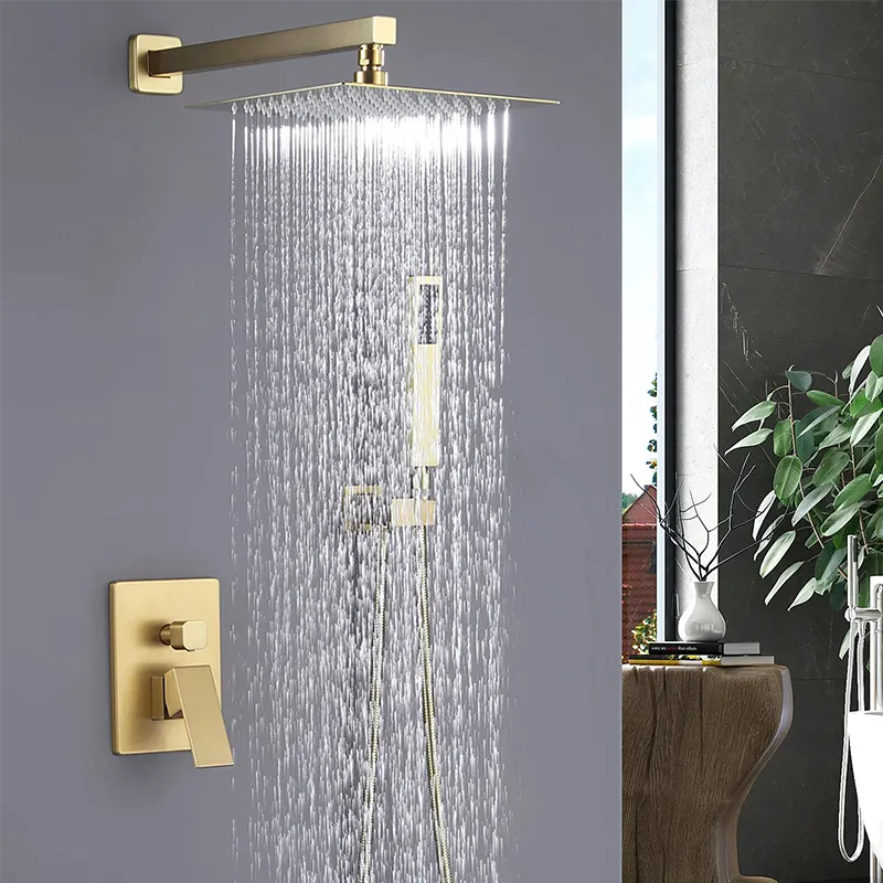 Sistemi doccia diretti in fabbrica bagno CUPC spazzolato rubinetto doccia dorato sistemi doccia a pioggia a parete