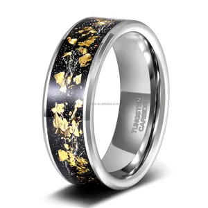POYA-anillo a juego con incrustaciones de hojas de oro y plata para hombre y mujer, sortija con forma de galaxia, piedra arenisca, tungsteno negro, 8mm, 6mm, 4mm