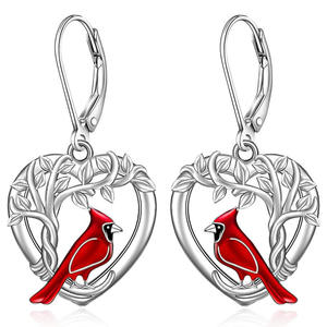 Boucles d'oreilles pendantes en forme de cœur cardinal argenté pour femme, romantiques, à porter au quotidien, en argent sterling 925 avec sertissage clos en cristal et strass - Product Image 1