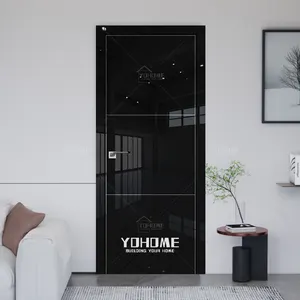 Moldura de madeira americana moderna, porta interior da porta de madeira lisa laçada alta brilho preto porta de madeira