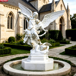 YOUFINE Statue de Saint Michel Archange en marbre blanc sculptée à la main avec sculpture d'ange guerrier doré pour église et jardin - Product Image 1
