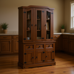 Credenza Alta in Legno Massello di Pino Messicano 44.1x16.9x77.2 Pollici con Ante in Vetro, Mobile da Cucina Antico - Product Image 2