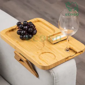 Trendy Bamboo Couch Table Foldable Sofa Arm Tray Clip Table with Goblet Card Slots Sofa Arm Tray with 360 Rotating Phone Holder