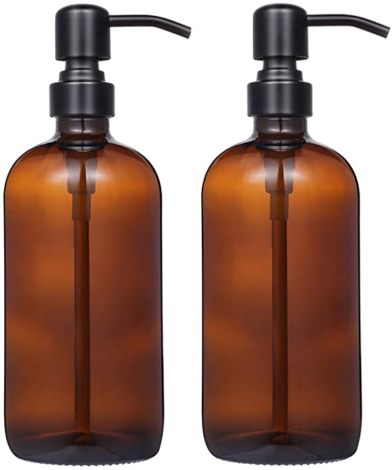 16oz   Boston Round Bottles Thick Amber Glass Soap Dispenser with Stainless Steel Pump
