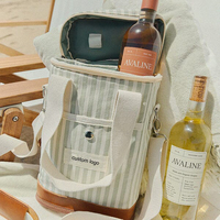 Sac isotherme à vin vintage en toile Oxford à rayures avec logo personnalisé, sac à dos pour 2 bouteilles, boîte à vin isolée pour le camping, le pique-nique et les activités de plein air