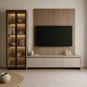 Meuble TV en bois massif de style moderne et simple avec étagère ouverte à plusieurs niveaux, centre de divertissement multimédia de rangement pour le salon - Product Image 5