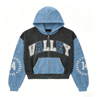 Sweat à capuche zippé épais pour homme, style vintage, délavé à l'acide, effet usé, colorblock noir et bleu, avec rivets et clous, streetwear