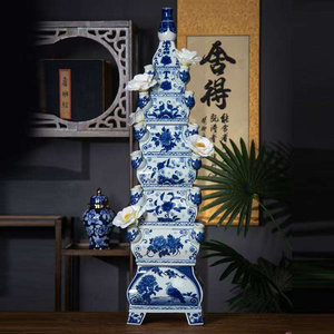 Vase de sol carré en porcelaine bleue et blanche Art Déco écologique de Jingdezhen Jiadu, multi-couches, émaillé, décoratif JDA01 - Product Image 4