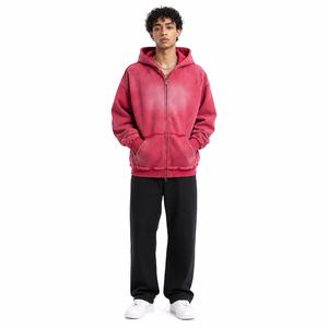 Wholesale Custom Logo Rust Red <strong>Full</strong> <strong>Zip</strong> up Hoodie Oversized Boxy High Street Fashion <strong>Zip</strong>-up Jacket <strong>Jumper</strong> for Men Streetwear - Product Image 2
