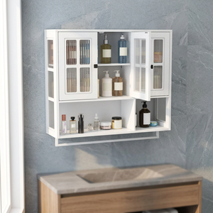 SENYU White 3-Door <b>Wall</b>-Mounted Bathroom <b>Cabinet</b> with <b>Glass</b> Panels and Towel Bar for Storage Minimalist Design - Product Image 5